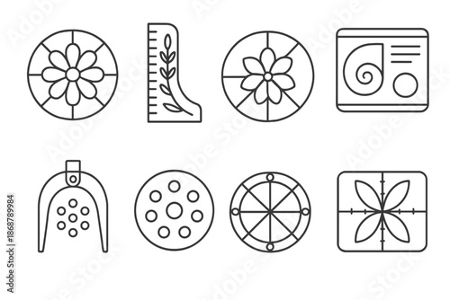 Floral Geometry Devices. Line style icons of floral geometry devices: petal alignment disk, growth pattern ruler, corolla angle