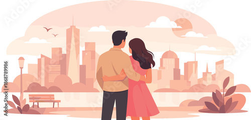 City Date Silhouette. Minimal couple figures standing together against a stylized city skyline backdrop, modern flat vector