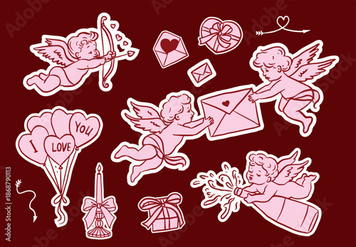 Hand drawn Valentine’s Day illustration set with cute cupids and cherubs delivering love letters, shooting arrows and holding hearts. Whimsical romantic outline style for cards, stickers, gifts 