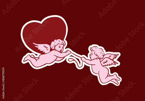 Hand drawn Valentine’s Day illustration of two cute cherubs flying together and holding a heart. Romantic whimsical outline style, symbol of love, connection and affection, perfect for cards, stickers