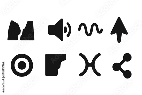 Echo Valley Icons. Solid style icons of echo valley devices: canyon outline, speaker icon, wave line, directional marker, pulse