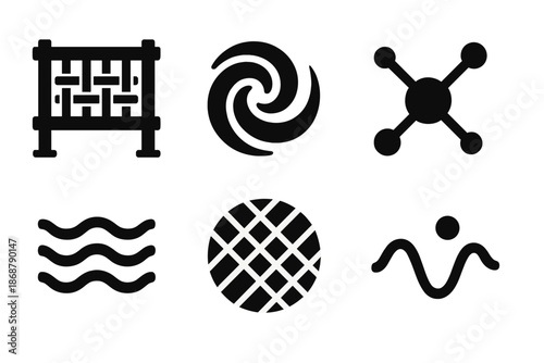 Marine Weaving Icons. Solid style icons of marine weaving interfaces: loom panel, water swirl, thread path, connection node,