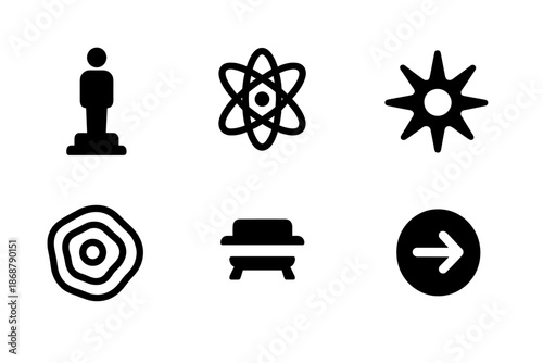 Microscopic Colossi Icons. Solid style icons of microscopic colossi: tiny statue, atom outline, pedestal mark, particle spike,