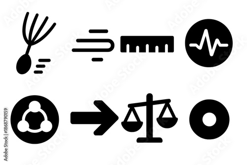 Floating Flora Icons. Solid style icons of floating flora metrics: airborne seed, motion line, measurement tool, pulse circle,