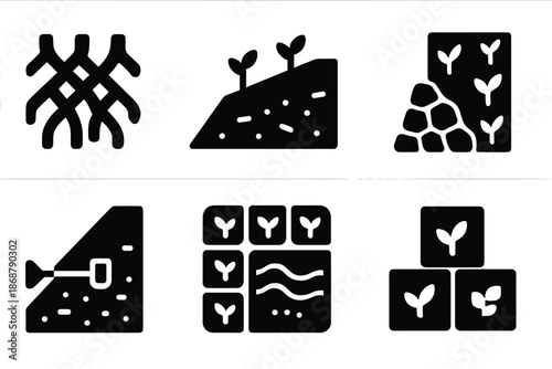 Ecological Barrier Designs. Solid style icons of ecological barrier design: root lattice model, green slope shield, stone-root