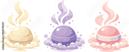 Floating Bath Bombs. Minimal composition of bath bombs floating and fizzing with calming aromatic steam shapes, modern flat vector