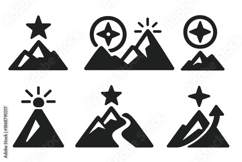 Celestial Navigation Icons. Solid style icons of celestial summit navigation: star-guided peak, sky compass emblem, radiant ridge