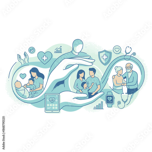 Happy multi-generation family with a female doctor in a clinic, trusted healthcare solutions for all ages and family medicine concept, professional medical advice and wellness vector illustration