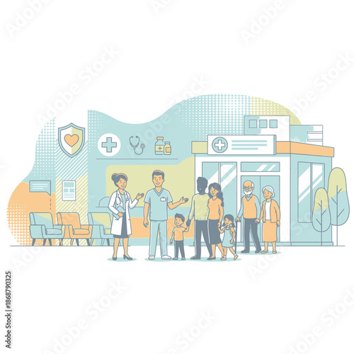 Affordable Healthcare Services and Community Medical Clinic Illustration with Diverse Patients Families Senior Citizens and Doctors in Modern Flat Line Art Style for Health Insurance and Wellness