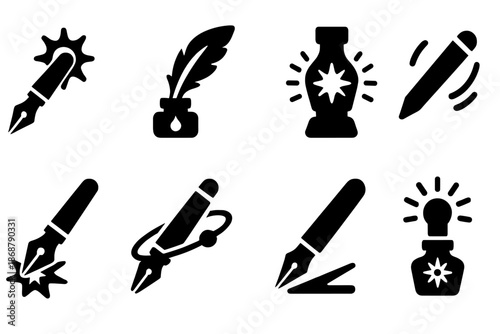 Cosmic Writing Tools. Solid style icons of a quasar-powered scribe's tremor: radiant core pen, energy flare quill, quasar ink tool