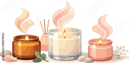 Elegant Scented Glow. Elegant jar candles glowing warmly with abstract fragrance lines suggesting aroma, modern flat vector