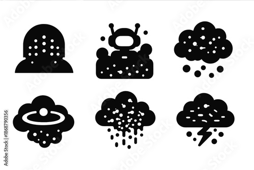 Transient Nanobot Atmosphere. Solid style icons of a transient nanobot atmosphere: vanishing particle dome, luminous robot fog,