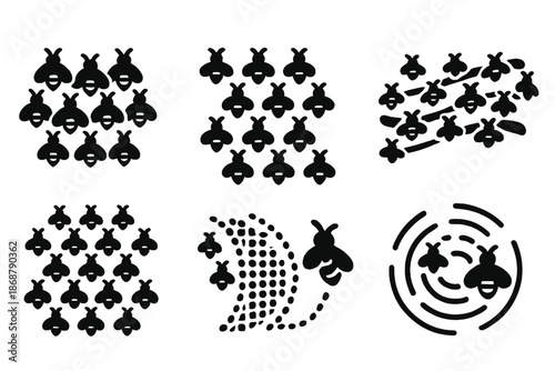 Kinetic Swarm Icons. Solid style icons of a parallax effect in a power-generating swarm: multi-layer swarm field, shifting depth