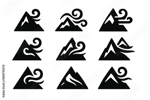 Wind on Jagged Peak. Solid style icons of a soft wind on a jagged peak: wind curling around summit, airy crest swirl, gentle gust