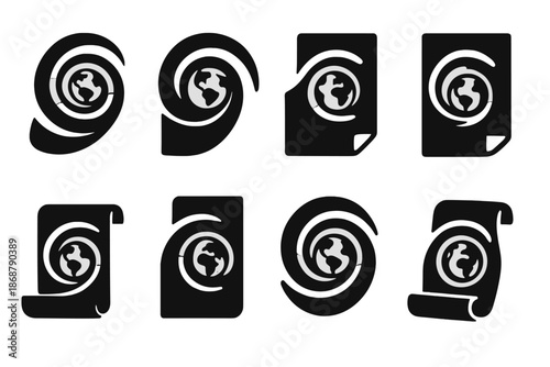 Vortex Miniature World. Solid style icons of a vortex containing a miniature world on paper: micro world spiral, paper globe