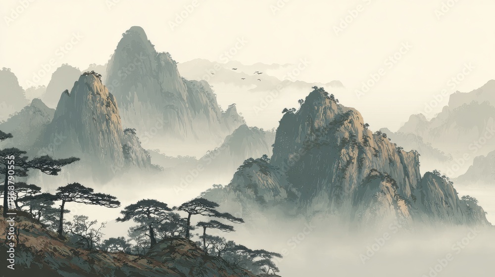 Obraz premium Traditional Chinese shanshui style landscape painting with misty mountains and pine trees