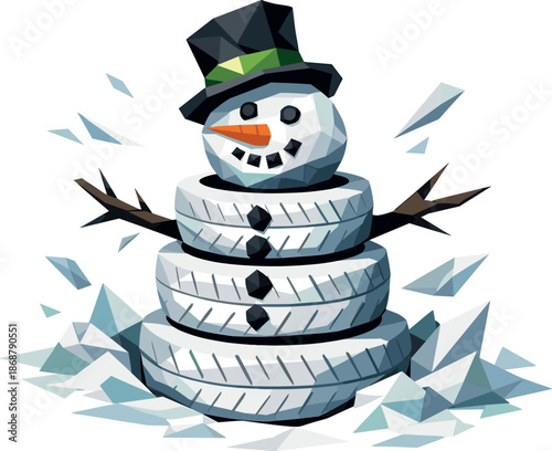 Eco Tire Snowman. Low-poly vector illustration focused on an eco-conscious snowman assembled from stacked recycled automobile