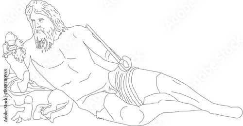 Elegant vector line art of a reclining classical statue, featuring a bearded male figure in a traditional artistic pose.