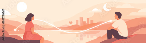 Distance and Connection. Minimal emotional scene showing two figures separated by distance yet connected by light, modern flat