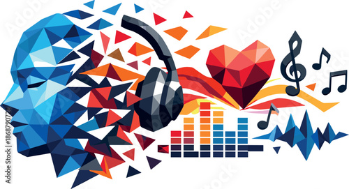 Emotion in Polygons. Low-poly vector illustration focused on an emotion-driven AI playlist concept, polygonal geometric style with