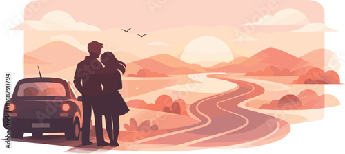 Romantic Roadtrip Silhouettes. Minimal travel romance composition highlighting couple silhouettes with a car, winding roads, and