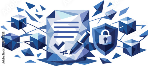Smart Contract Geometry. Low-poly vector illustration focused on a smart contract concept, polygonal geometric style with sharp