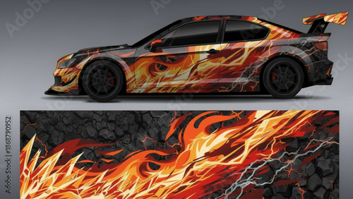 Sports car with a dynamic fiery and lightning graphic wrap design, showcasing an aggressive and energetic aesthetic.