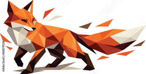 Geometric Fox Art. Low-poly vector illustration focused on an abstract geometric fox figure, angular polygonal construction with