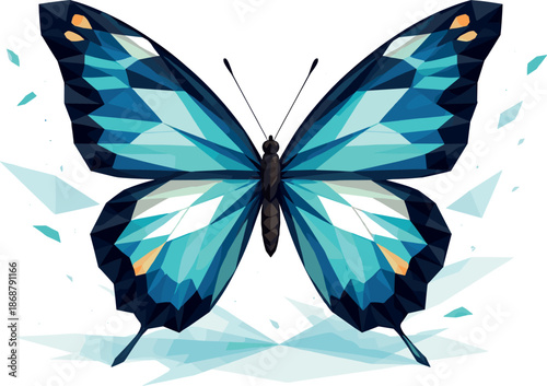 Geometric Butterfly Flight. Low-poly vector illustration focused on a graceful butterfly with wings spread, polygonal geometric