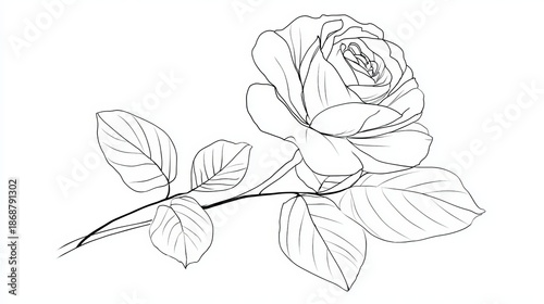 A delicate line drawing of a rose with leaves on a stem