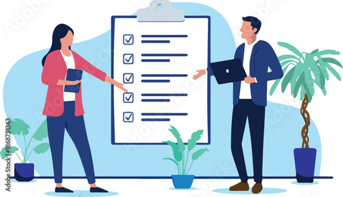 Work task checklist - Businesspeople working efficiently, finishing and completing list of tasks checking boxes and smiling. Flat design vector illustration on white background