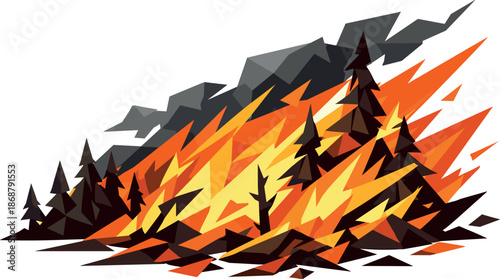 Geometric Forest Wildfire. Low-poly vector illustration focused on an abstract concept of a forest wildfire, polygonal geometric