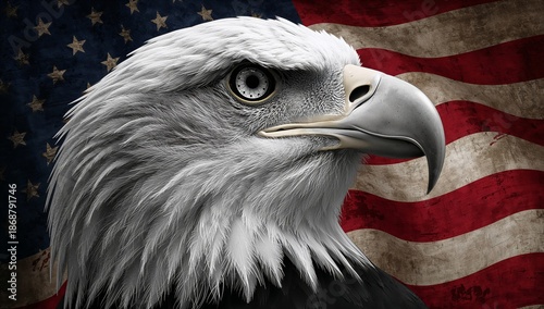 Eagle Stands Strong in Front of American Flag Showing Details of Feathers and...