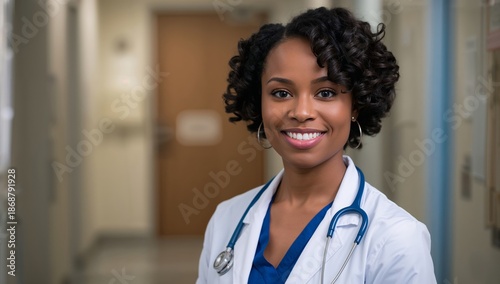 Healthcare Worker Smiles in Hospital Corridor With Stethoscope Around Neck