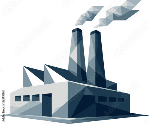Minimalist Factory Icon. Low-poly vector illustration focused on a minimalist factory icon representing industry, polygonal