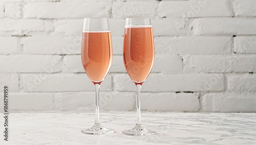 Sparkling Drinks in Clear Glasses on a Marble Table With a Brick Wall Backgro...