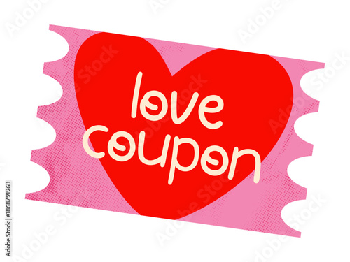 Pink love coupon with red heart. Hand drawn doodle vector illustration with halftone texture. Modern retro vintage ticket isolated on transparent background