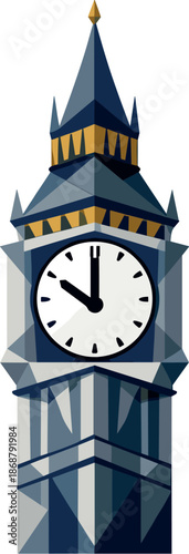 Minimalist Big Ben. Low-poly vector illustration focused on a minimalist Big Ben icon, polygonal geometric style with sharp