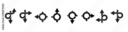 Road navigation arrows set. Navigation arrows with round location icons for road maps, traffic direction, path planning and turn guidance