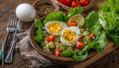 Fresh Salad With Boiled Eggs, Tomatoes, and Herbs on Wooden Table in Bright K...