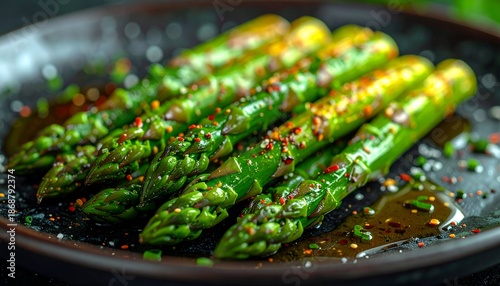Freshly cooked green asparagus spears on a dark plate ready to eat