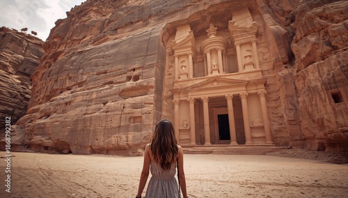 View of a Person Standing in Front of a Large Ancient Structure in a Rocky La...