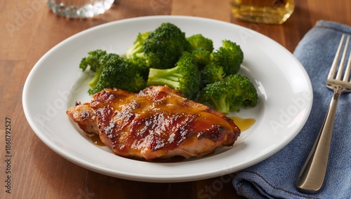 Sliced Meatloaf With Sauce Served on a Plate With Broccoli on the Side During...