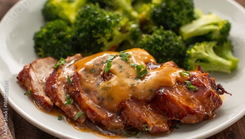 Sliced Meat Dish Served With Broccoli on a White Plate at a Home Dinner Setting