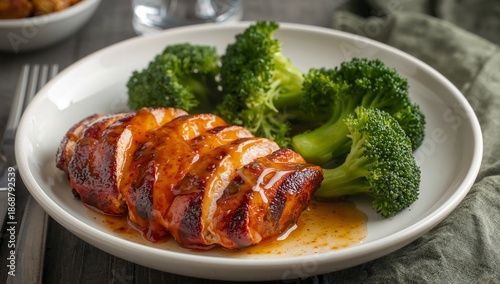 Sliced Meat Dish Served With Broccoli on a White Plate at a Home Dinner Setting