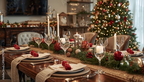 Setting a Dining Table for a Holiday Gathering With Candles and Decorations i...
