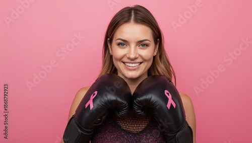 A Woman Stands Smiling While Wearing Black Boxing Gloves Decorated With Pink ...
