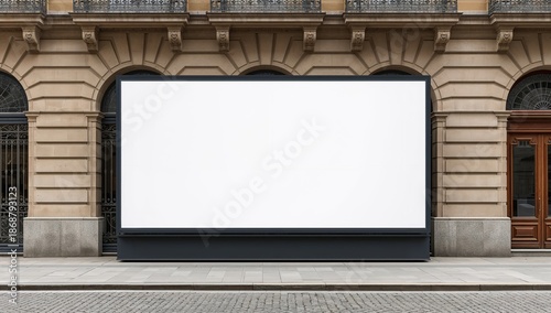 Blank Advertising Board Placed in Front of a Historic Building on a City Stre...