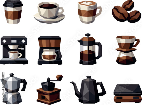 Cafe Icon Set. Modern cafe essentials visualized in a clean low-poly vector icon set showing coffee cups, beans, espresso machines
