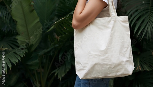 Person Holds a Tote Bag Near Green Plants During Daylight in an Outdoor Setting